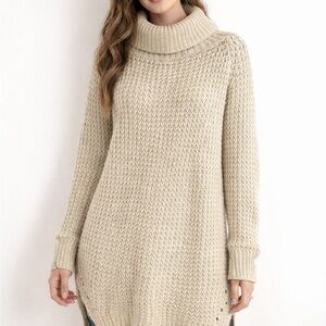 Women Sweater Tunic Turtle Neck Long Sleeve Beige Chunky Knit Pullover S
